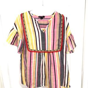 Colorful Striped Blouse with Embroidered Neckline